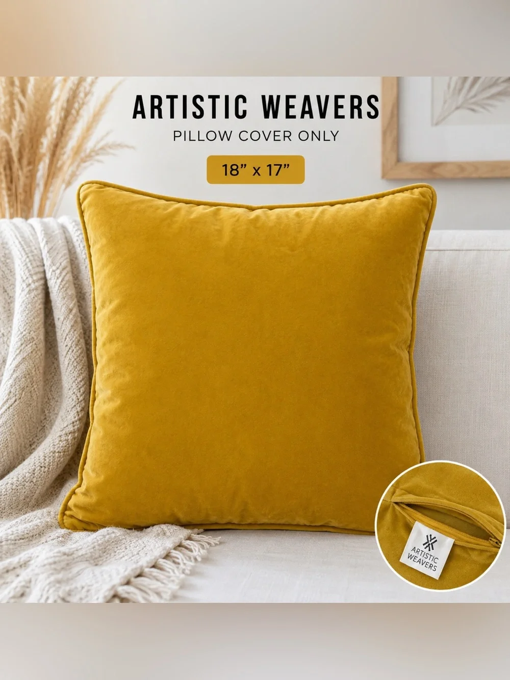 Artistic Weavers Mustard Yellow Velvet Throw Pillow Cover 18x17 Zip Closure boho